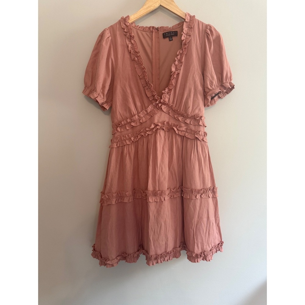 Trixxi Ruffle Trim Mini Dress V Neck Short Sleeve Pink Summer Party‎